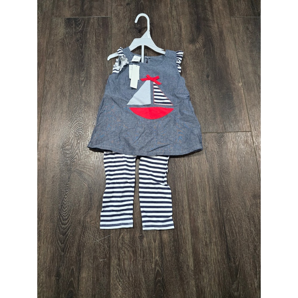 Hestia Toddler Girls 2T Nautical Sailboat Chambray Tunic and Striped Legging Set